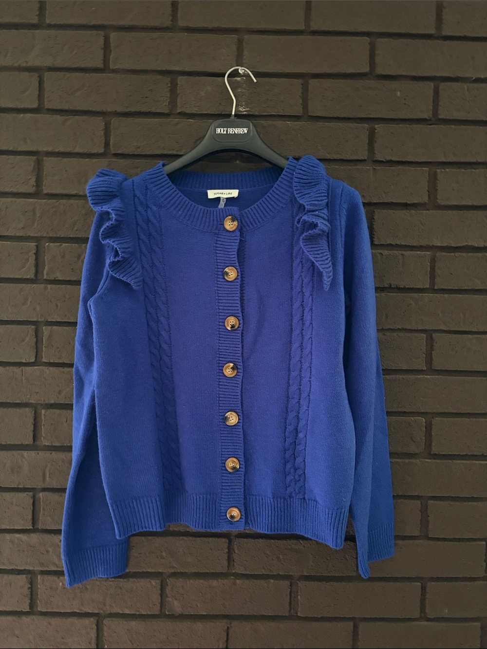 Sugarlips Royal Blue Ruffle-Shoulder Cable Cardigan